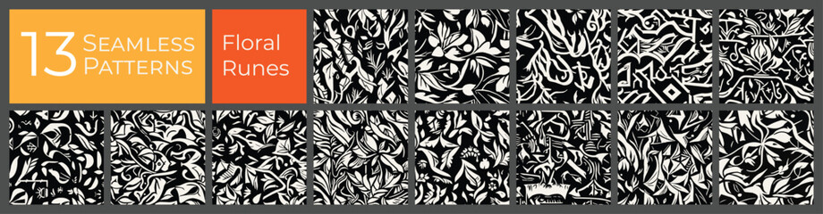 Floral runes seamless pattern collection. Black and white abstract vector background set. Ancient flowers deco print pattern. - 737972911