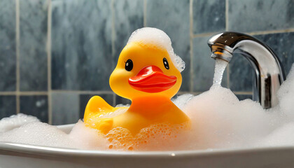 Close-up of a yellow and orange rubber toy duck taking a bath in a white sink among the soap foam. Generative Ai.