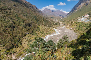 Fototapeta na wymiar View of Tengkangboche mountain and Bhote Koshi river during trekking from Namche Bazar to Thame in a clear day. Three passes trekking in Nepal. Mountain range Himalayas in the Khumbu region, Asia.