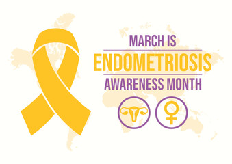 March is Endometriosis Awareness Month poster vector illustration. Yellow awareness ribbon, ovary, uterus round icon set. Women's reproductive health symbol. Template for background, banner, card.