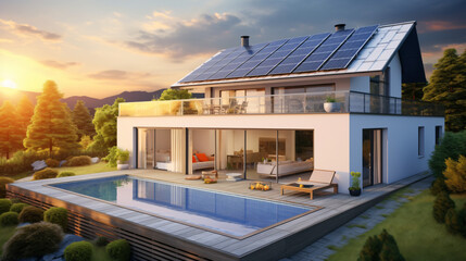 Photovoltaic solar panels on newly built modern structure. - obrazy, fototapety, plakaty