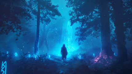 Craft an arresting visual with a neon sfumato portrayal of a Viking warrior amidst an ancient forest