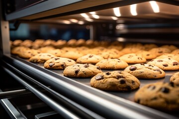 Baked cookies move along a conveyor