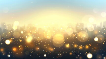 Abstract Golden Bokeh Lights with Sunset Cityscape Background for Festive or Dreamy Concepts
