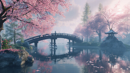 Create a serene setting with blooming cherry blossoms