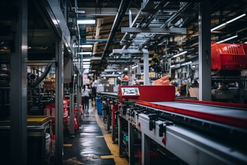long conveyors and machines in a factory