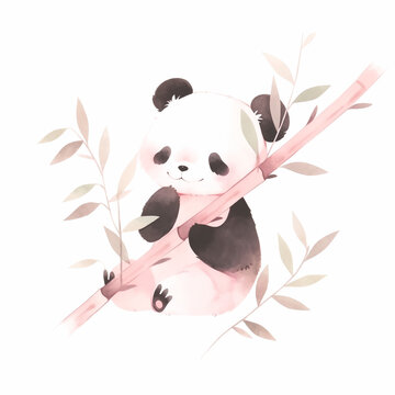 panda with bamboo cartoon nature china zoo wildlife baby cute asia desing watercolor love freen plant