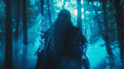 Create an epic fusion of past and future with a neon sfumato wide shot of a Viking warrior