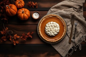 Pumpkin pie with empty space for text, top view