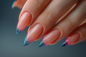 Female hand with trendy nail design, Nail Polish. Long Art Manicure. Modern style Nail Design.