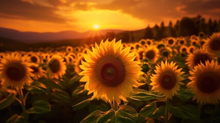 landscape view of sunset in a sunflower field