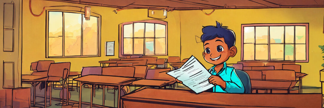 Student in the classroom, happy student.