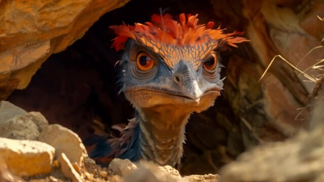 The feathery head of the Dromaeosaurus peeks out from a rocky nook its large eyes scanning the plateau for any sign of danger.