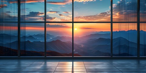 A Window Framing a Stunning Sunset Over a Majestic Mountain Landscape. Concept Nature's Canvas, Capturing the Beauty of Sunsets, Majestic Mountains in Golden Hour, Dreamy Window Silhouette