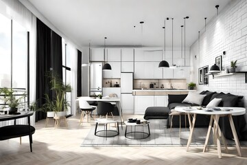 Small apartment with kitchen, living room and bedroom, white and black