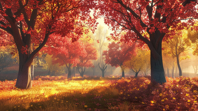 Design a warm and inviting scene of trees adorned with golden and red leaves