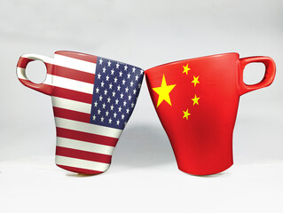 The American flag, the Chinese flag and the actual mugs have been exposed many times. Conversation between two parties, used as a base map or background. Double exposure creative hologram.