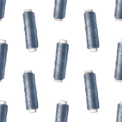 Seamless pattern: blue sewing threads. Yarn for a sewing machine. Spool of thread for seamstress. Watercolor illustration for background design, packaging, banner