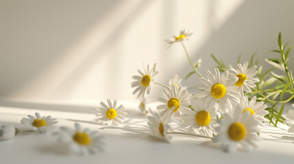 Dive into the sophistication of simplicity with a chic display of chamomile daisy flowers in a minimal still life arrangement on a clean white surface