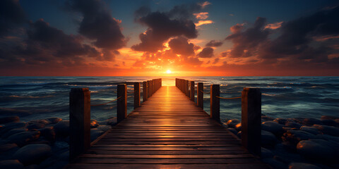 Obraz premium Wonderful Sunset, A dock in the middle of an ocean at sunset, A close up of a wooden bridge leading to a body of water 