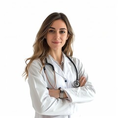 Fototapeta premium Professional Young Female Doctor with Stethoscope Standing Confidently with Crossed Arms on Isolated White Background