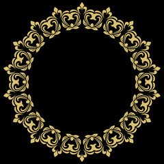 Oriental round black and golden frame with arabesques and floral elements. Floral border with vintage pattern. Greeting card with circle and place for text