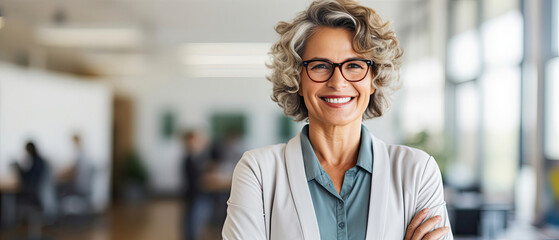 Executive Business career beauty woman smiling and standing confidently wearing formal office work clothes in spacious corporate office space created with Generative AI Technology - obrazy, fototapety, plakaty