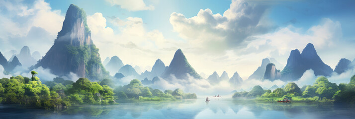 Chinese watercolor painting Guilin spring landscape with mountains , old man fishing on a sailboat, pine forest trees and sea of clouds created with Generative AI Technology - obrazy, fototapety, plakaty