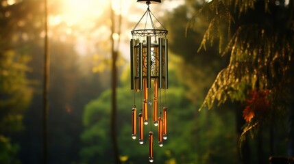 Wind Chime Hanging From Wooden Pole - obrazy, fototapety, plakaty