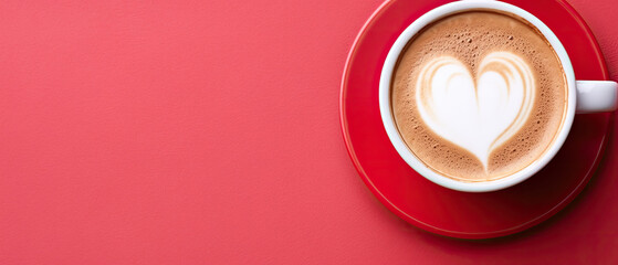 White coffee cup with heart latte art and aromatic cappuccino on red background with empty space for text created with Generative AI Technology - obrazy, fototapety, plakaty