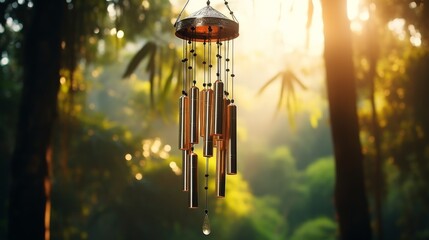 Wind Chime Hanging From Wooden Pole - obrazy, fototapety, plakaty