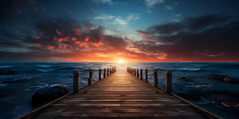 A dock with a sunset on the water, A bridge in the ocean with a sunset in the background. 

 - obrazy, fototapety, plakaty