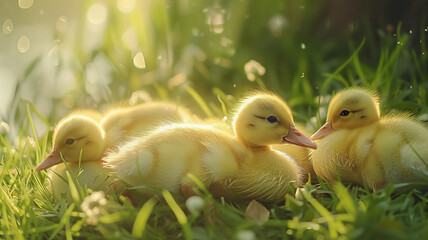 Yellow ducklings on green grass. - obrazy, fototapety, plakaty