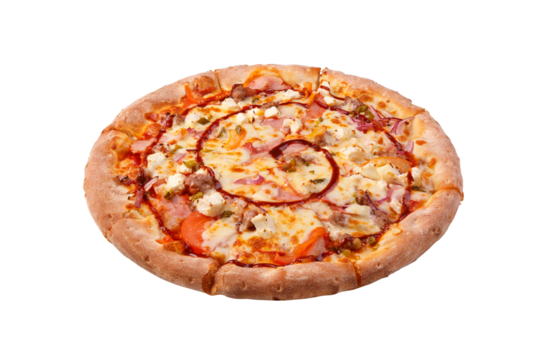 Tasty pizza chicken BBQ. Pizza with chicken and barbeque sauce isolated on white background