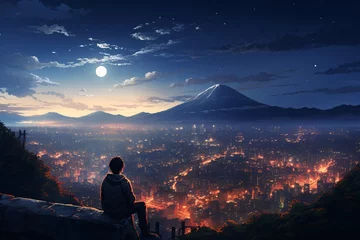 Fototapeten a person sitting on a rock looking at a city at the moon © Victoria