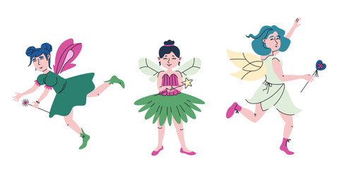 Set of different fairies. Fairytale characters in doodle style.