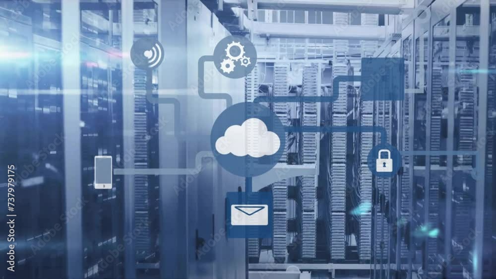 Poster animation of cloud icon with network of connections and data processing over computer servers