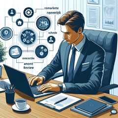  Man at meeting in office with laptop, internet and review for business feedback, schedule or agenda. Networking, typing and businessman online for market research, web report document and workshop.