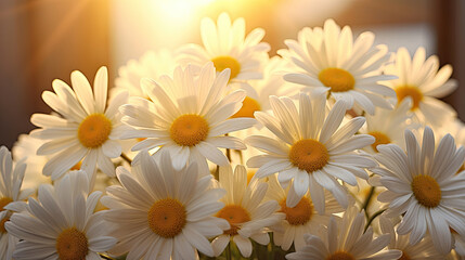 freshly picked white daisies flowers glow warmly their white petals tinged with golden light as sunlight dances around them with blurry bokeh in the background created with Generative AI Technology