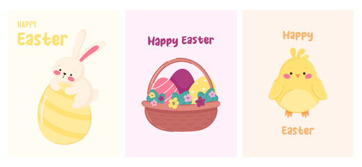 Happy Easter set of cards, posters, banner templates with cute bunny, chick and basket with Easter eggs