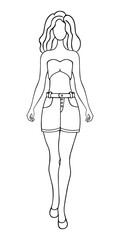Woman wearing a short strapless top and denim shorts with a belt and pockets. Sketch. Vector illustration. Lady with wavy hair and long legs. Doodle style. Outline on isolated background. 