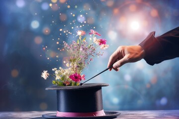magicians hand with a wand, plucking a bouquet of flowers from a hat - obrazy, fototapety, plakaty