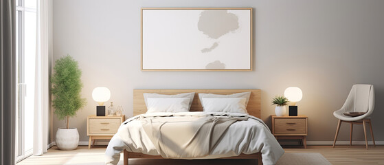 Luxurious interior Scandinavian boho style minimalist bedroom with creamy white furniture and rectangular fine art frame mockup hanging horizontal on the wall created with Generative AI Technology