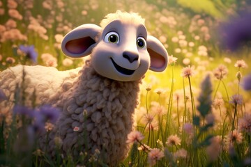 a cartoon sheep in a field of flowers