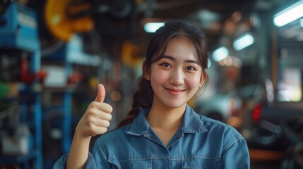 Portrait of a young asian woman mechanic giving thumbs up smiling looking at camera with happy expression and satisfied with car repair service giving thumbs up