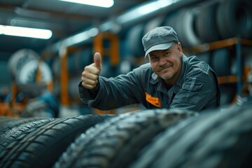 Fototapeta na wymiar Portrait of male mechanic giving thumbs up smiling looking at camera with happy expression and satisfied with car repair service giving thumbs up at tire change shop