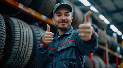 A male mechanic giving thumbs up smiling looking at camera with happy expression and satisfied with car repair service giving thumbs up in tire shop