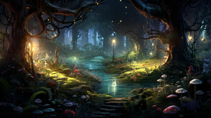 Fantasy landscape with a path in the forest at night