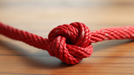 knot tied in red rope on wooden background