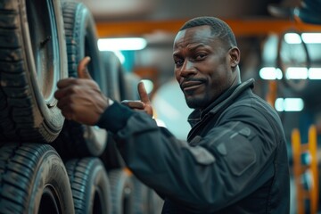 Obraz premium A male mechanic giving thumbs up smiling looking at camera with happy expression and satisfied with car repair service giving thumbs up in tire shop